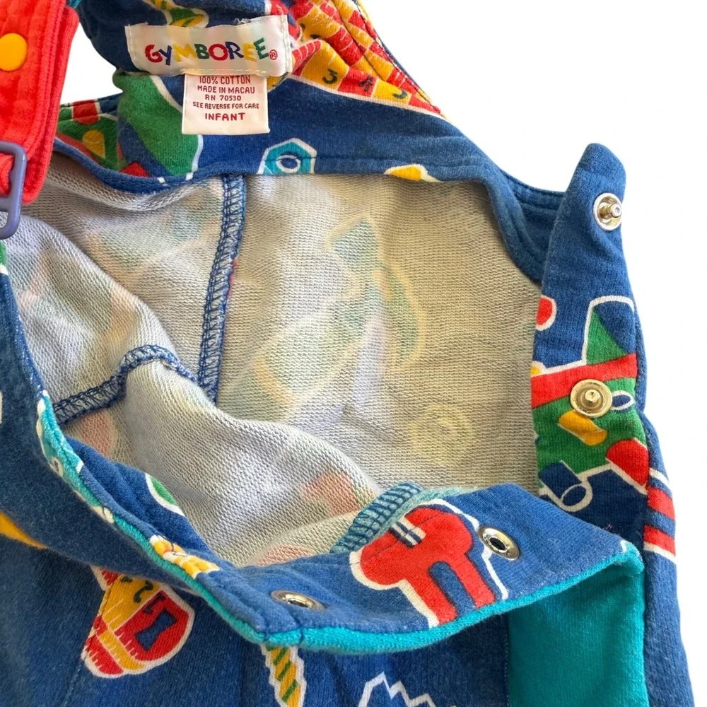 Vintage 90s Gymboree Baby Blue Tool Print Colorblock Knit Overalls 12-18 Months